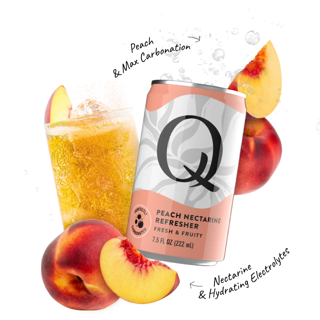 Q Mixers PDP with ingredients & callouts Refreshers Peach Nectarine