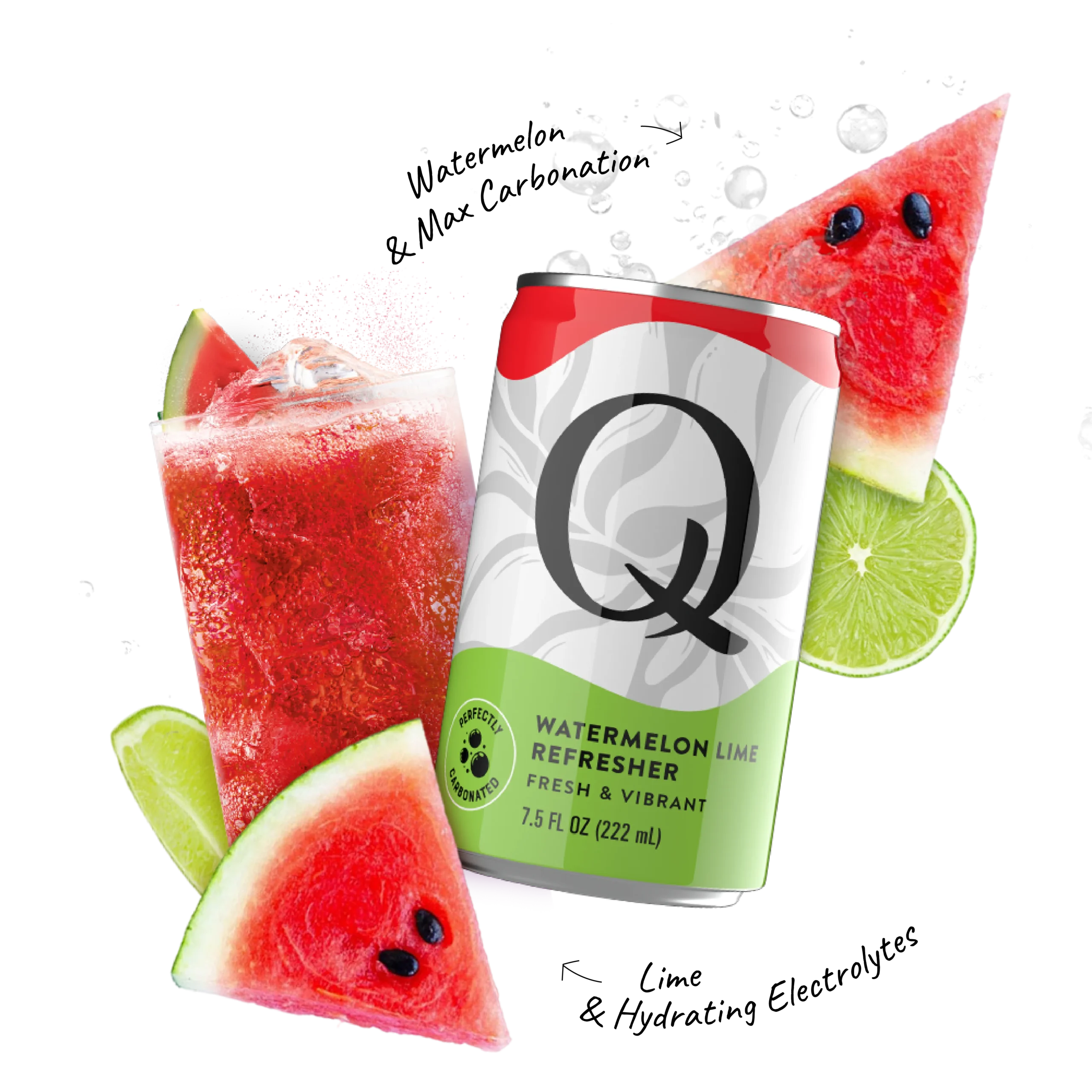 Q Mixers PDP with ingredients & callouts Refreshers Watermelon Lime